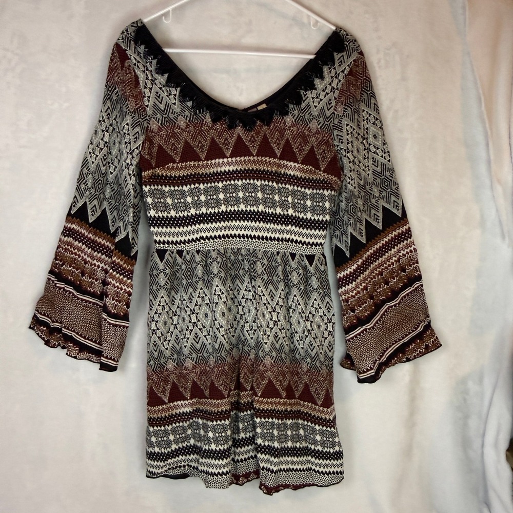 Alya Boho Romper Small Bell Sleeve Beaded Neck Geometric Festival Dress
